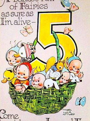 画像1: ５歳のお誕生日　バースデカード　かごの中の５人の妖精たち　 アトウェル 　