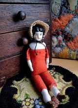 チャイナショルダードール　あかね色のリネンボディ　ドールハウス　　チャイナヘッドドール　　