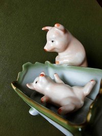 ママ＆ベビー　豚さん親子の陶器　ジャーマンアンティーク　ピンクピッグ　