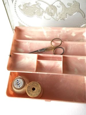 画像5: ネコの模様のソーイングボックス　ベビーピンク　裁縫箱　