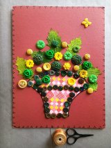 花になったボタンたち　額仕立て　イエロー＆グリーン