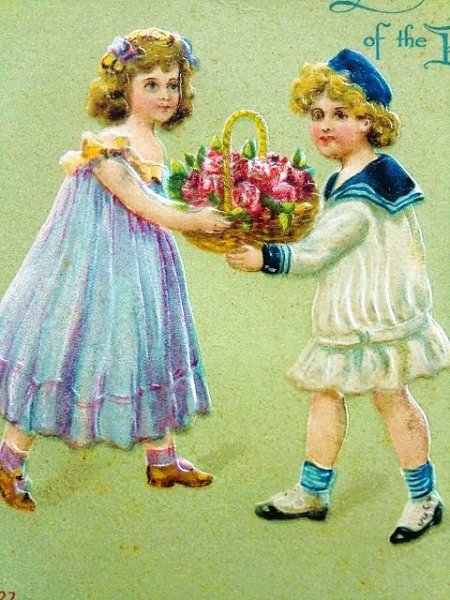画像1: 子供たちと花かご　アンティークカード　２枚セット (1)